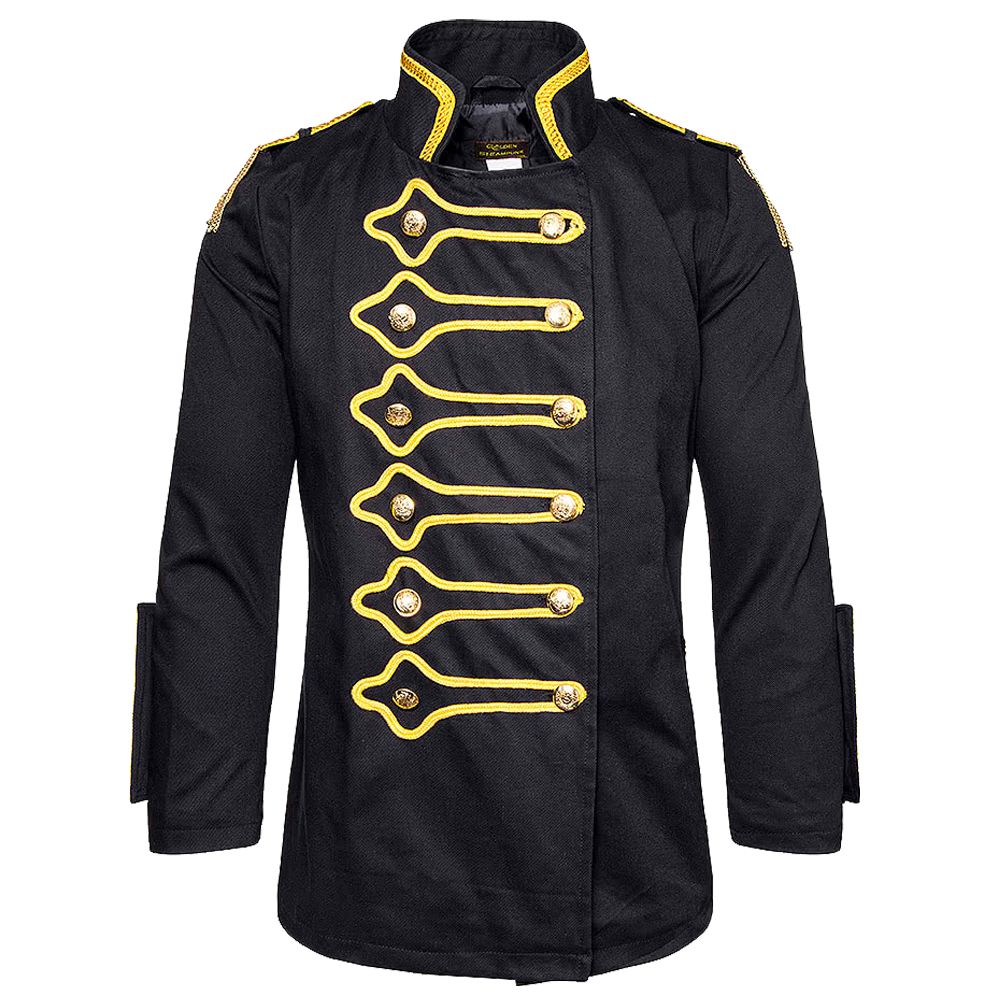 Men Golden Lining Drummer Gothic Jacket Steampunk Black Jacket Hussar Jacket