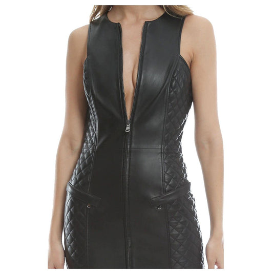 Women Genuine Leather Sexy Black Zip Front Dress Quilted leather Mini Sleeveless Dress