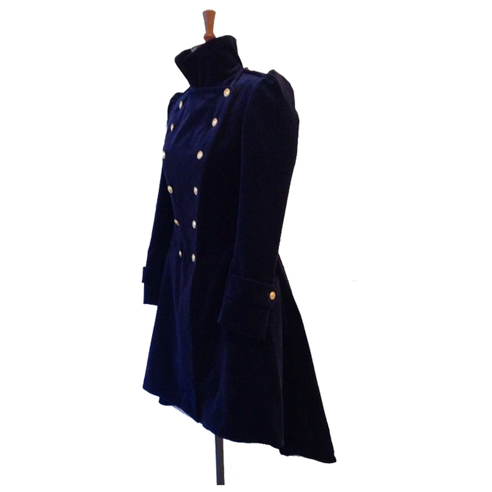 Handmade Women Blue Velvet Coat Double Breasted Frock Women Gothic Coat Ladies Velvet Gothic Long Coat