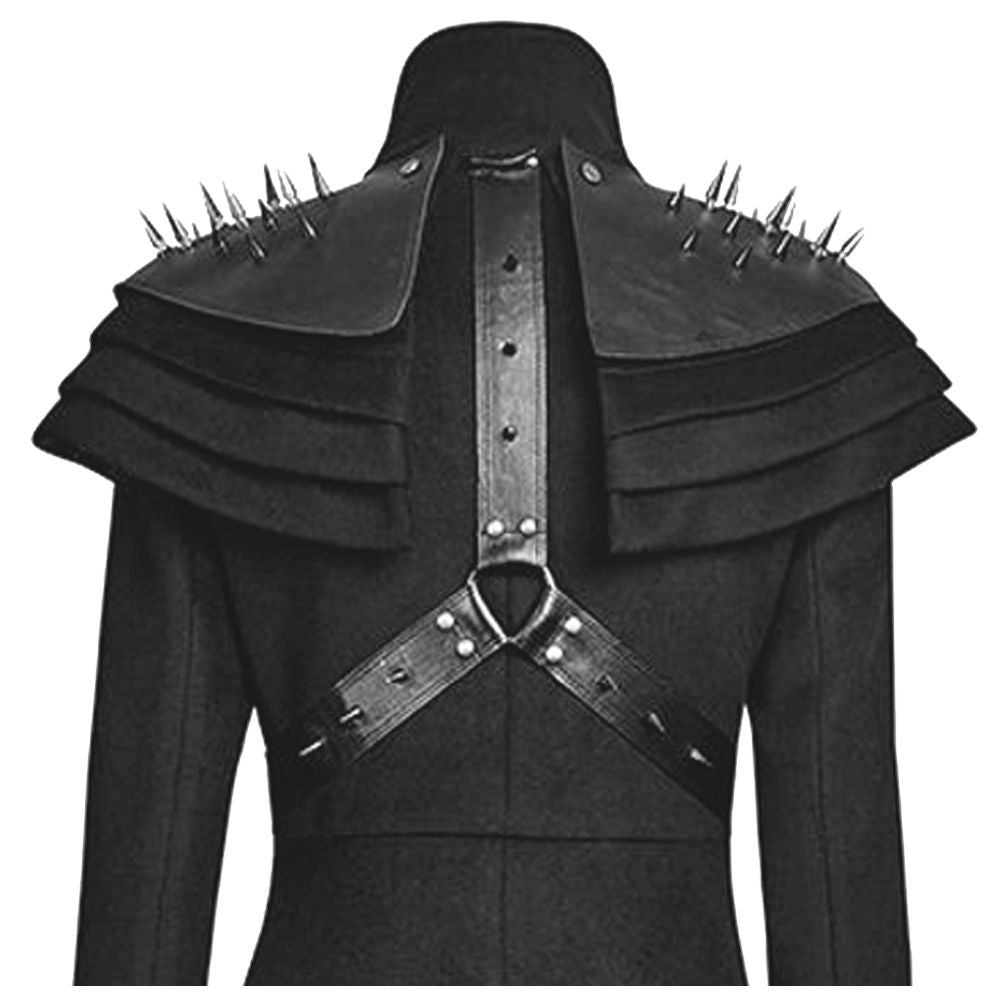 Women Gothic Long Coat Killers Rivets Shoulder Stand Up Collar Asymmetrical Military Coat for Sale