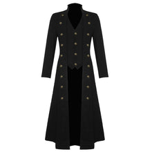 Load image into Gallery viewer, Men Black Cotton Twill Steampunk Jacket Gothic Victorian Military Style Trench Coat
