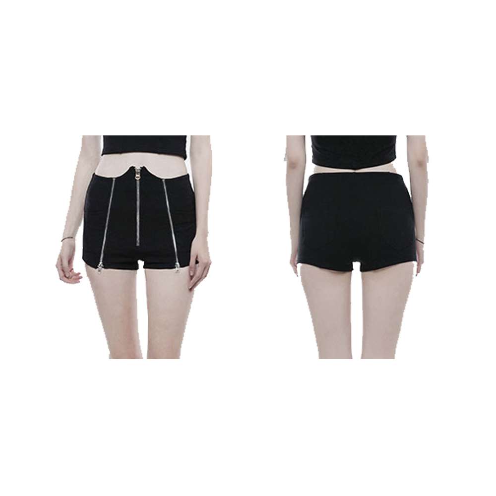 Women High Waist Black Summer Street Shorts Tech Noir Style in Heavy Twill Cotton with Zipper