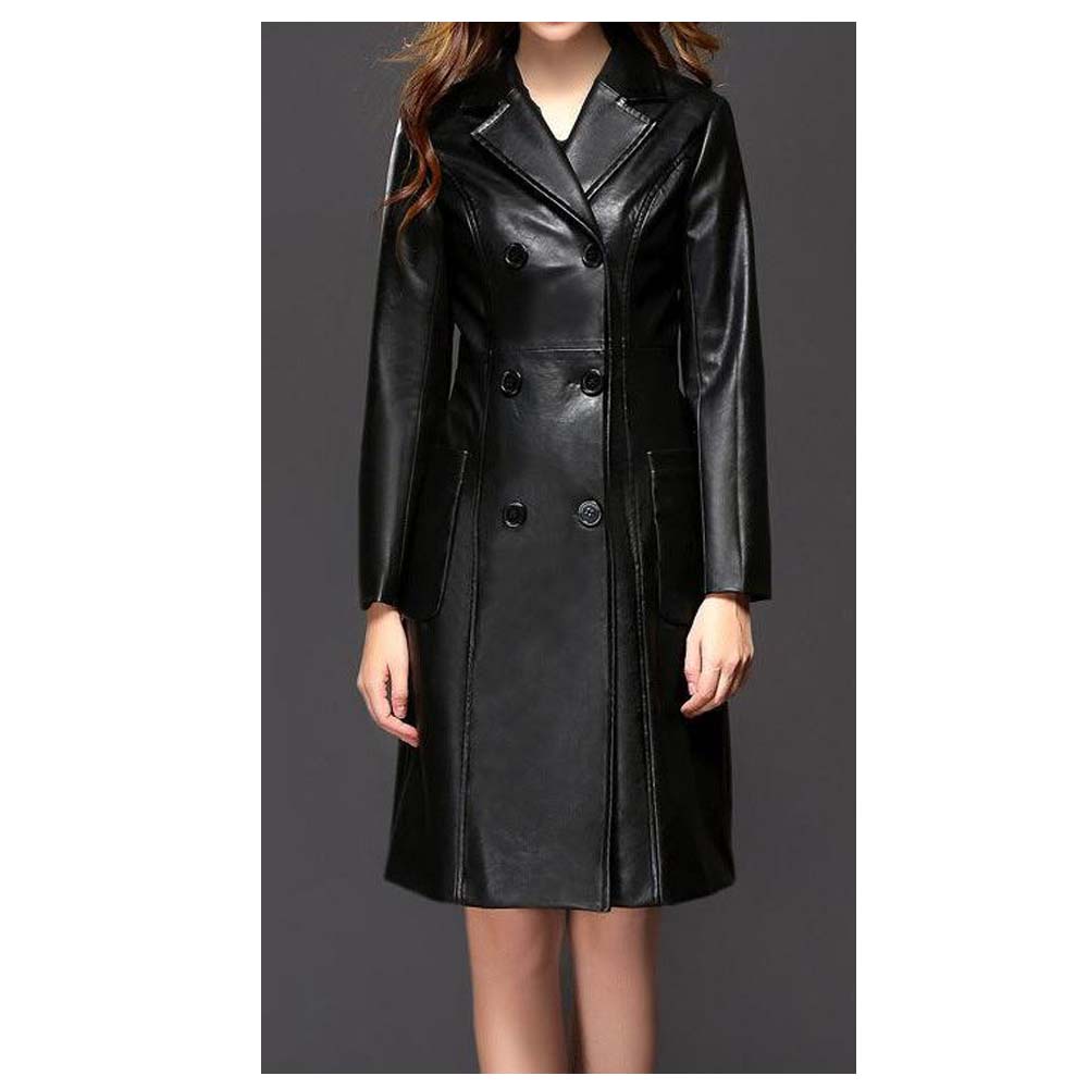 Gothic Black Winter Double-Breasted Trench Coat Women Sheepskin Leather Jacket - Alternative Gothic Dark Wear | Embrace Dark Aesthetic Men & Women Gothic Clothing