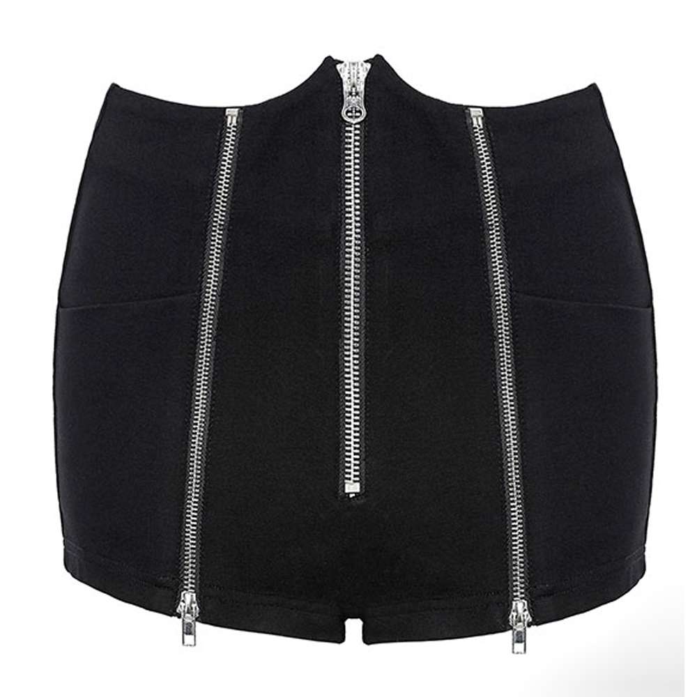 Women High Waist Black Summer Street Shorts Tech Noir Style in Heavy Twill Cotton with Zipper