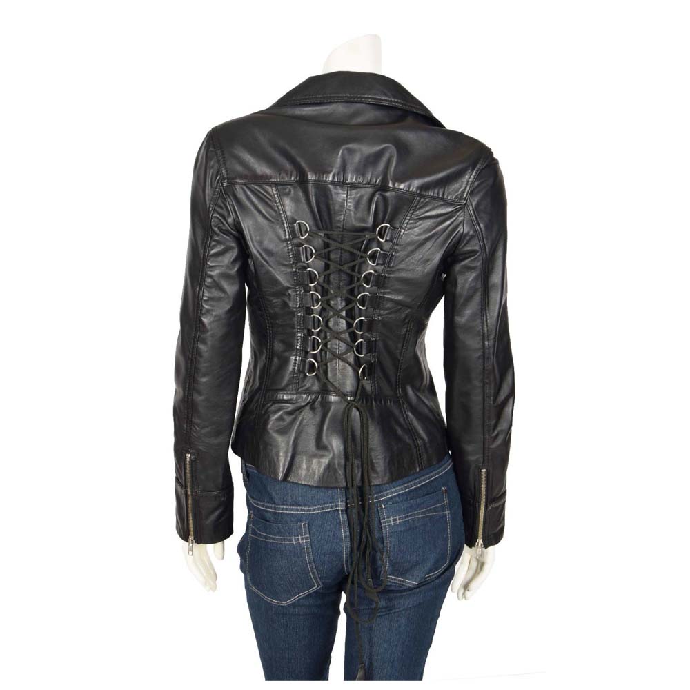 Women Gothic Black Genuine Leather Biker Jacket Sexy Retro Style Coat with String Laced Back Design - Alternative Gothic Dark Wear | Embrace Dark Aesthetic Men & Women Gothic Clothing