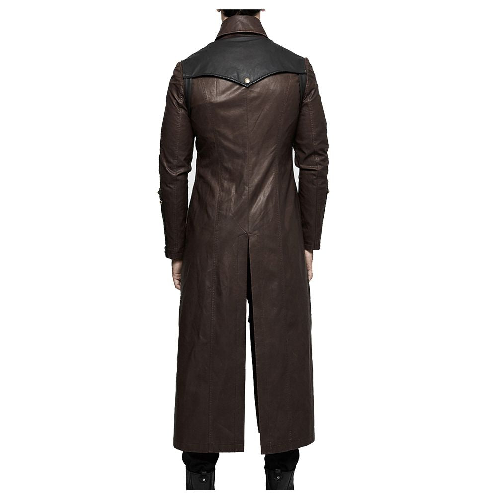 Handmade Men Long Black Gothic Coat Imitation Men leather Long Coat Adjustable Straps