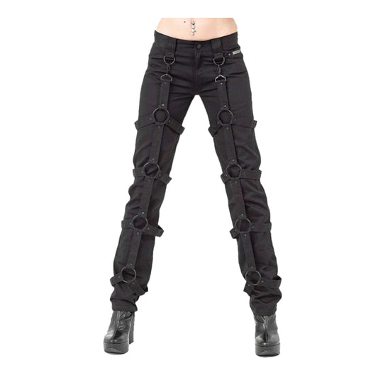 Women Black Bondage Pants Buckle Detailing with Detachable D Ring Trousers - Alternative Gothic Dark Wear | Embrace Dark Aesthetic Men & Women Gothic Clothing