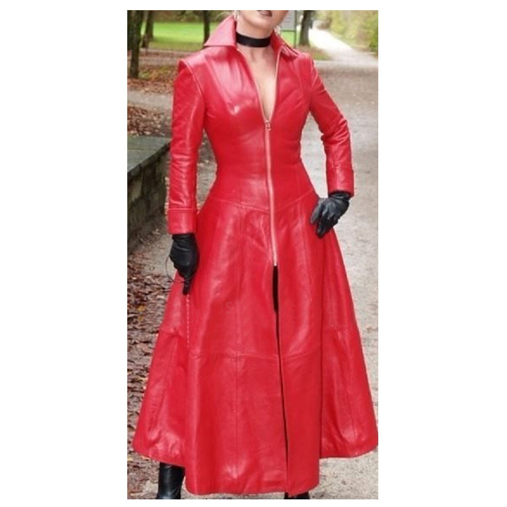 Catsuit Lederoverall Women Gothic Red Genuine Leather Coat Long Coat For Ladies - Alternative Gothic Dark Wear | Embrace Dark Aesthetic Men & Women Gothic Clothing