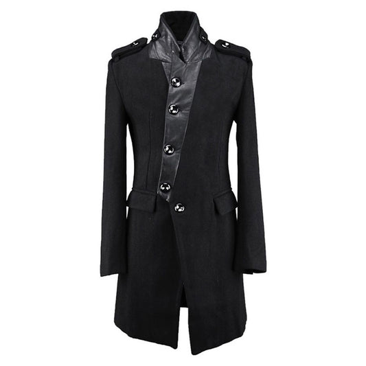 Men Long Trench Coat Gothic Stand Collar Woolen Gothic Slim Personalized Jacket - Alternative Gothic Dark Wear | Embrace Dark Aesthetic Men & Women Gothic Clothing