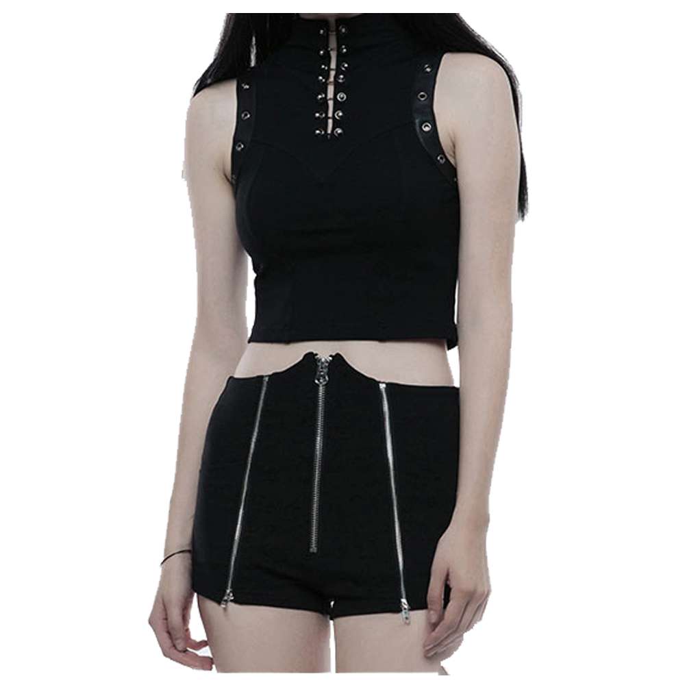 Women High Waist Black Summer Street Shorts Tech Noir Style in Heavy Twill Cotton with Zipper