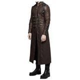 Handmade Men Long Black Gothic Coat Imitation Men leather Long Coat Adjustable Straps