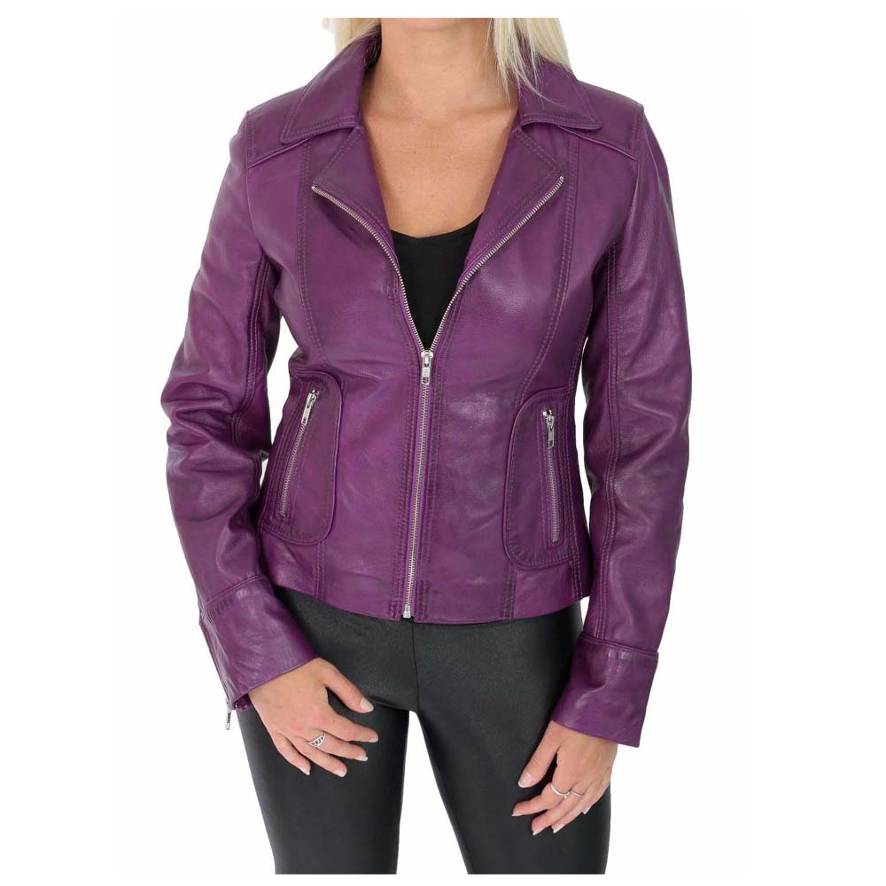 Women Purple Leather Biker Jacket Sexy Gothic Retro Style Fitted Coat with Bold Edgy Design - Alternative Gothic Dark Wear | Embrace Dark Aesthetic Men & Women Gothic Clothing