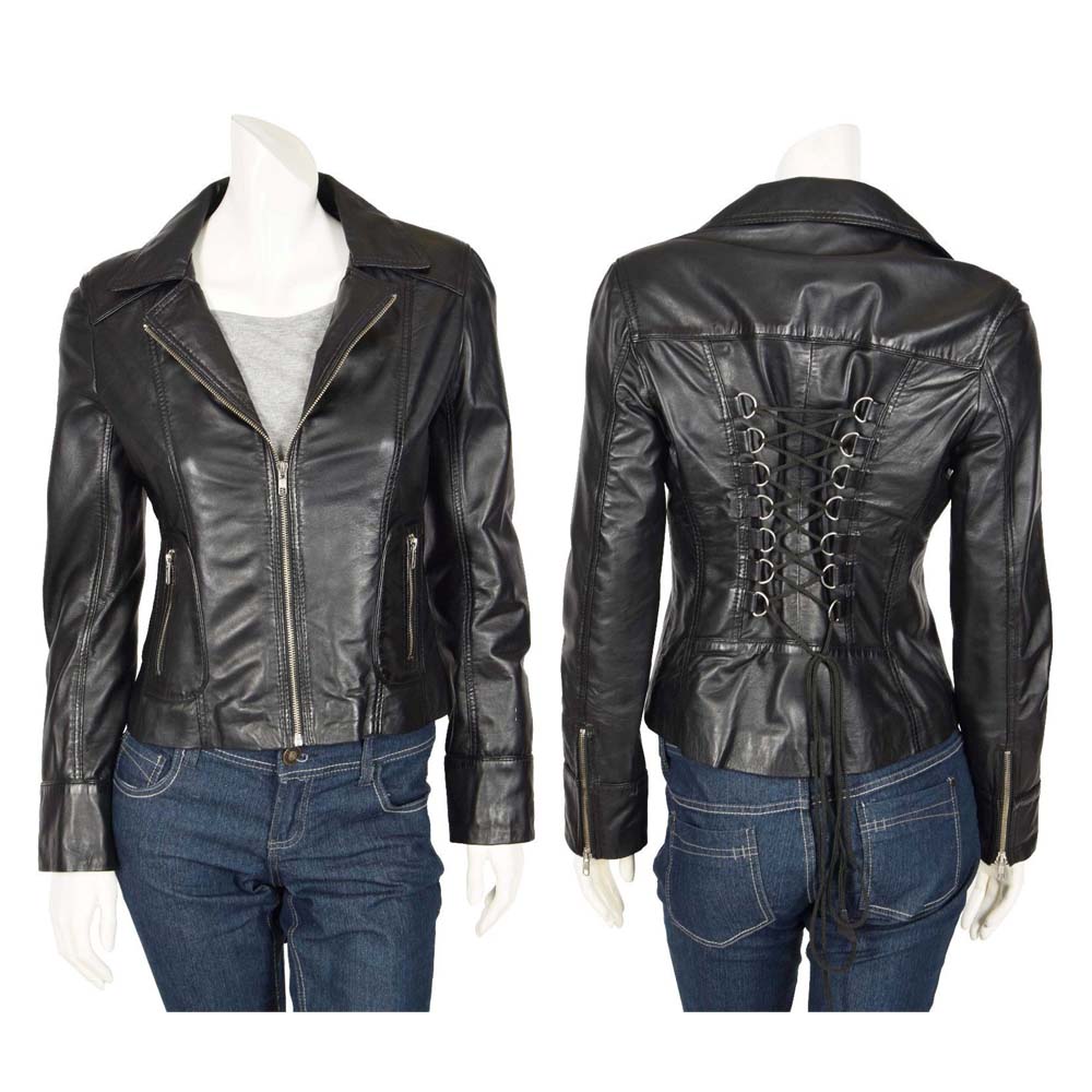 Women Gothic Black Genuine Leather Biker Jacket Sexy Retro Style Coat with String Laced Back Design - Alternative Gothic Dark Wear | Embrace Dark Aesthetic Men & Women Gothic Clothing