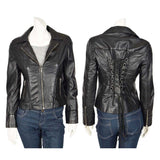 Women Gothic Black Genuine Leather Biker Jacket Sexy Retro Style Coat with String Laced Back Design - Alternative Gothic Dark Wear | Embrace Dark Aesthetic Men & Women Gothic Clothing