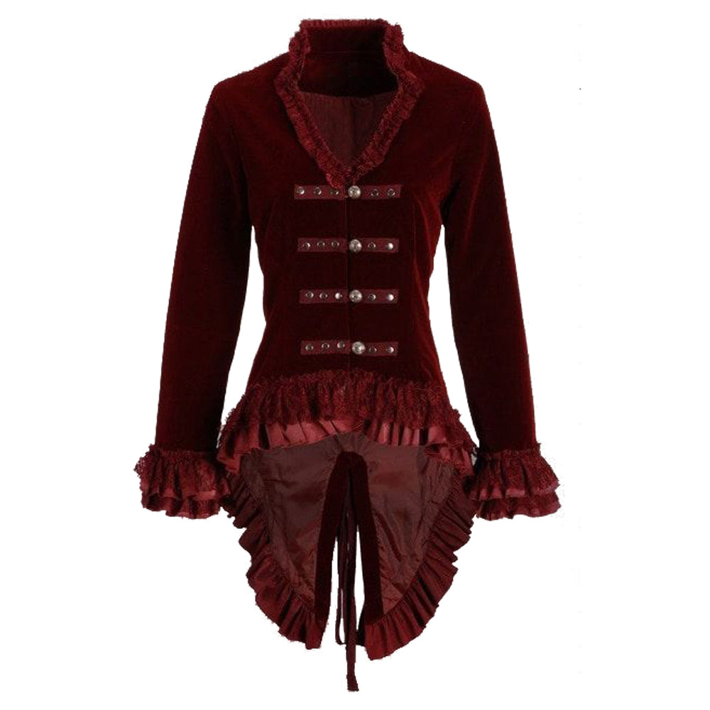 Women Hearts & amp; Roses Ruffled Dovetail Velvet Victorian Coat Ladies Tailcoat