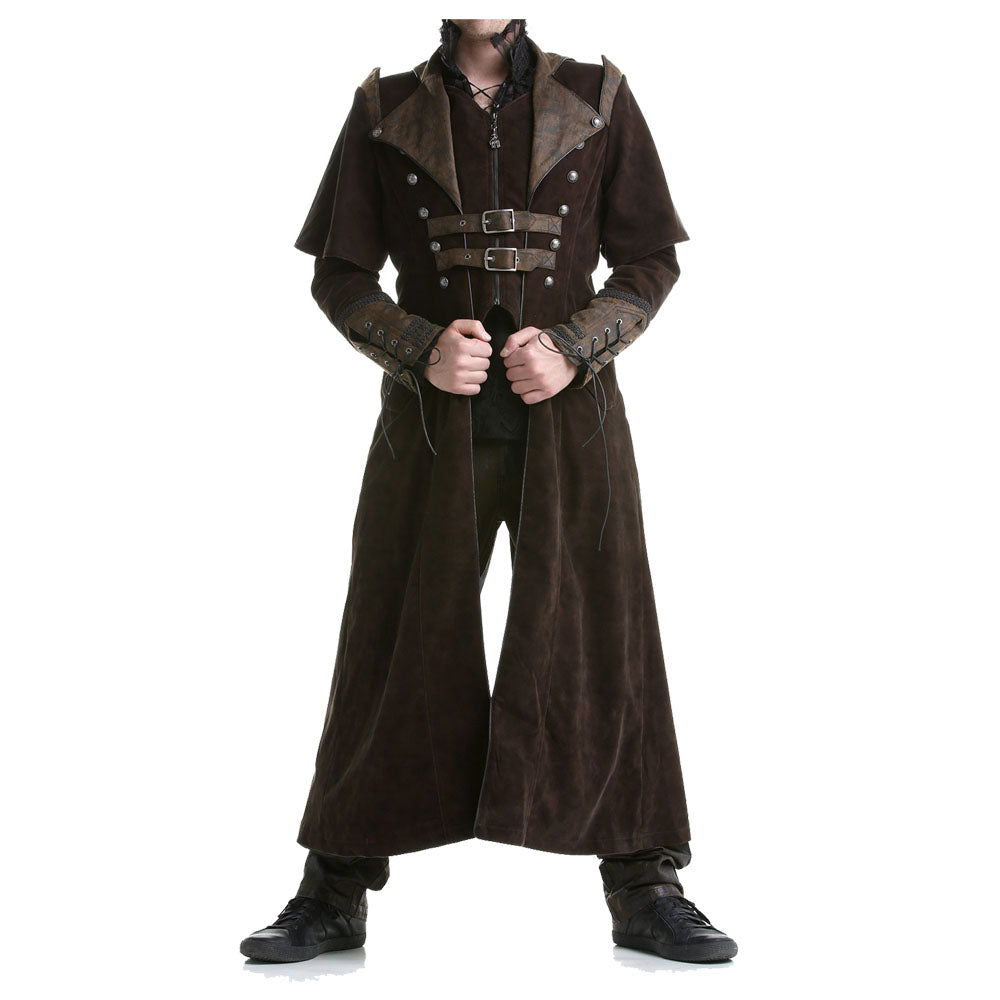 Handmade Men Gothic Long Coat High Collar Winter Coat Brown Halloween Wool Coat