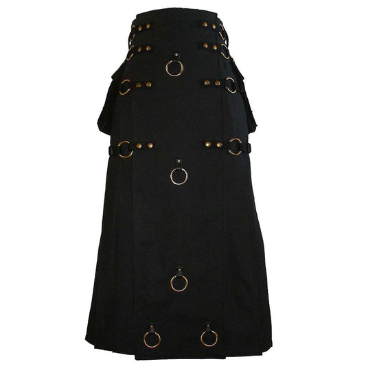 Long Black Gothic Cotton Utility Kilt Steampunk Design Leather Straps &amp; Chains