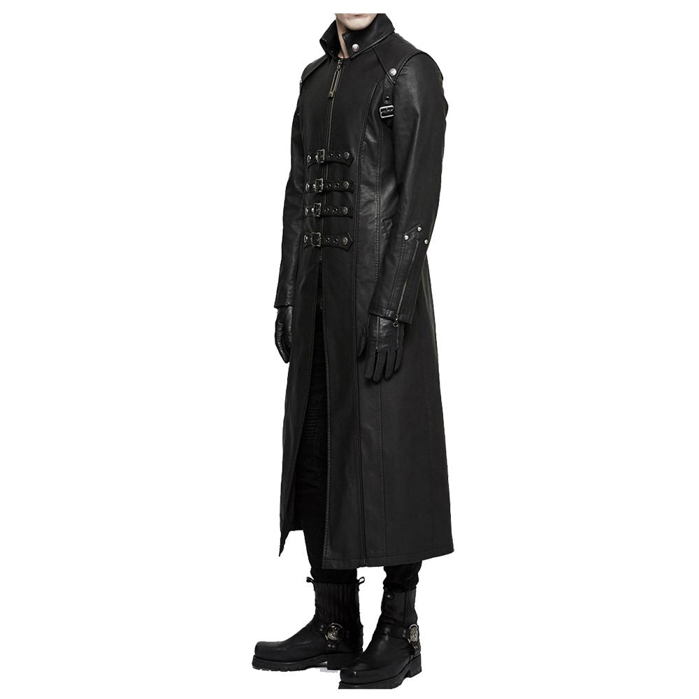 Handmade Men Long Black Gothic Coat Imitation Men leather Long Coat Adjustable Straps