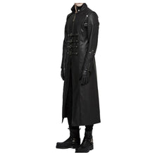 Load image into Gallery viewer, Handmade Men Long Black Gothic Coat Imitation Men leather Long Coat Adjustable Straps
