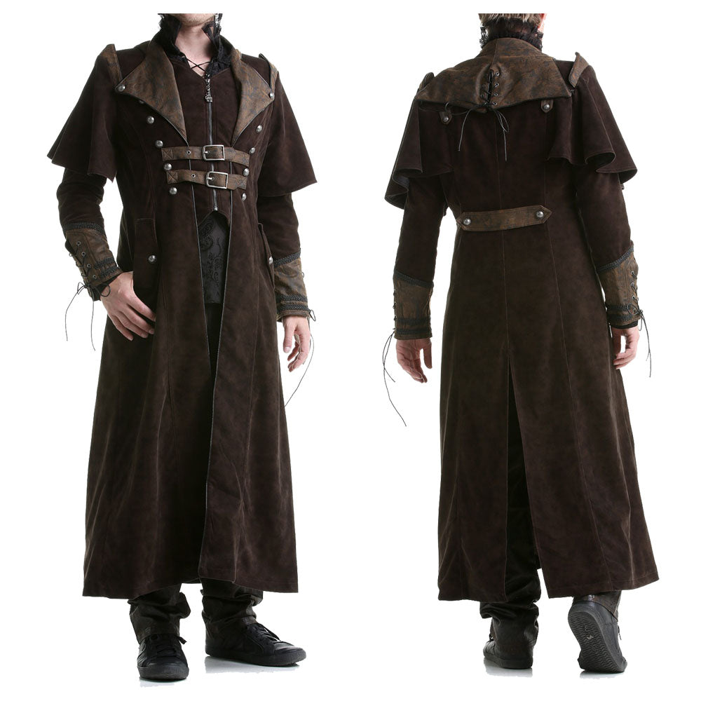 Handmade Men Gothic Long Coat High Collar Winter Coat Brown Halloween Wool Coat