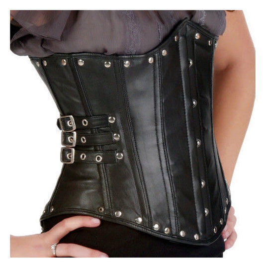 Women Leather Corset Steel Boned Black Underbust Corset With Buckles