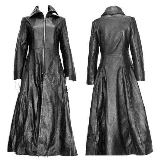 Handmade Women Gothic Midnight Club Coat Trench Leather Coat Full Length Overcoat