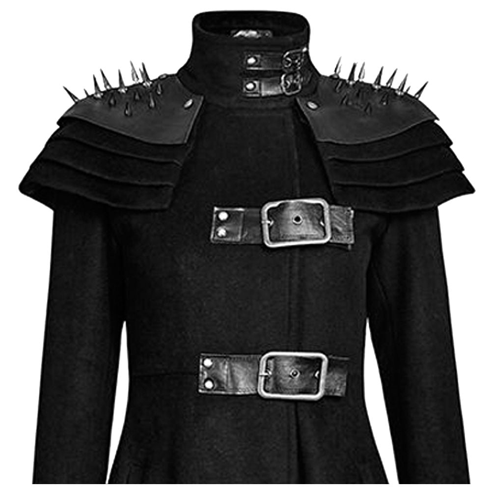 Women Gothic Long Coat Killers Rivets Shoulder Stand Up Collar Asymmetrical Military Coat for Sale