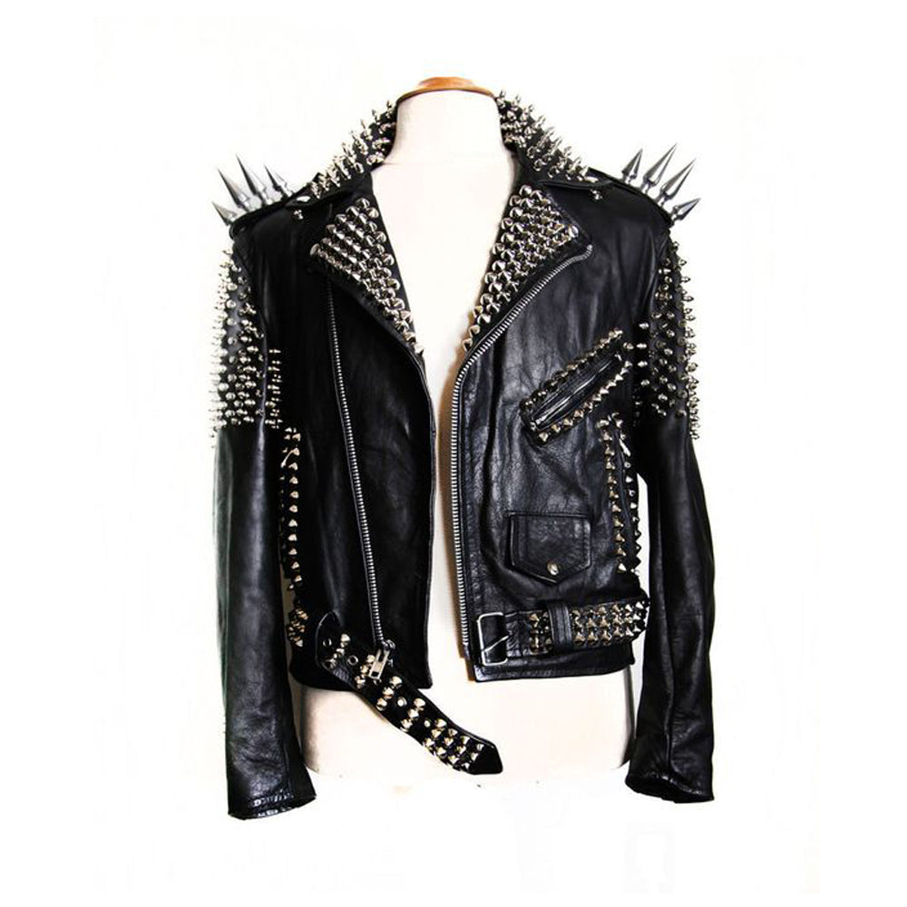 Ladies Genuine Leather Biker Jacket Silver Studded Short Fashion Body Women Gothic Jacket