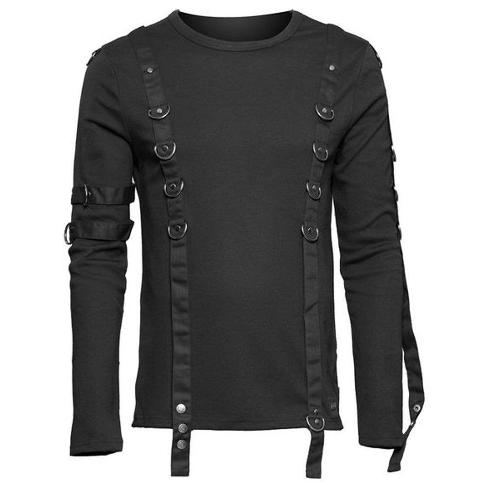 Men Gothic Shirt D-Ring and Straps Long Sleeve Shirt Black - Alternative Gothic Dark Wear | Embrace Dark Aesthetic Men & Women Gothic Clothing