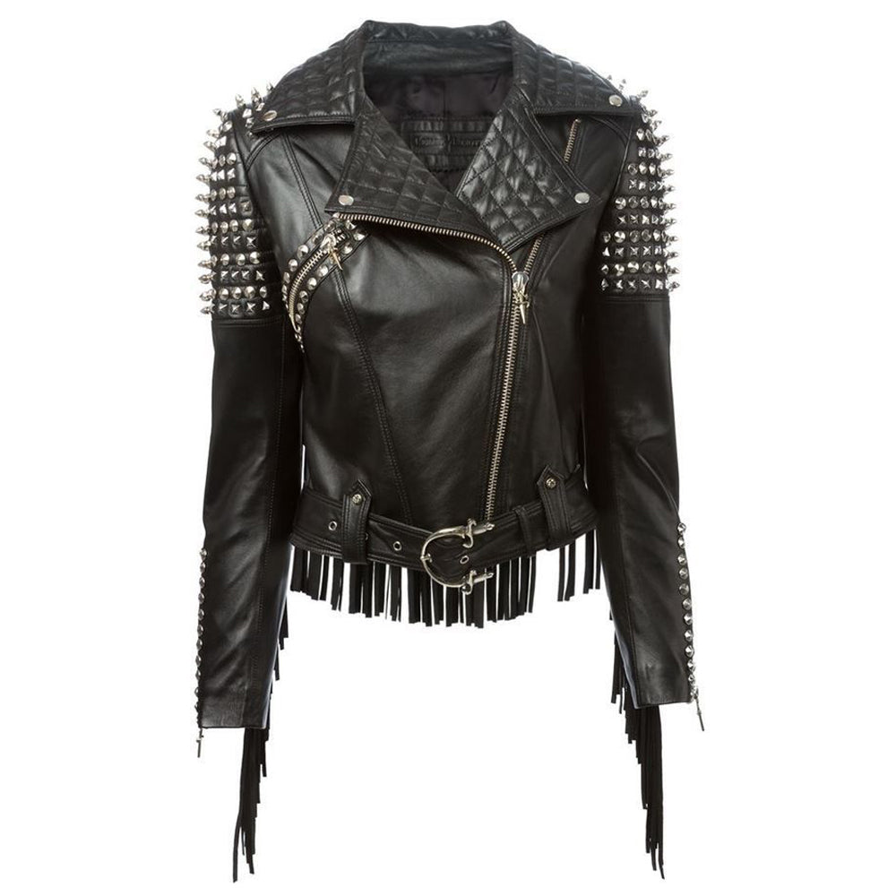 Ladies Genuine Leather Biker Jacket Silver Studded Short Fashion Body Gothic Jacket