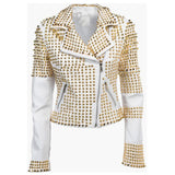 Women Premium Leather Golden Studded Brando Jacket Zip up Spiked Punk Style