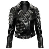 New Women Fitted Black Brando Style Leather Jacket with Silver Spiked Studded