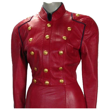 Women Red Leather Long Coat Victorian Style Celebrity Gothic Leather Coat