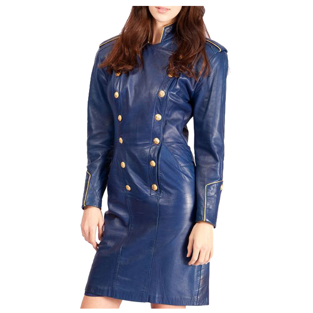 Women Trench Coat Stylish Admiral Blue Leather Coat Ladies Gothic Blue Leather Overcoat