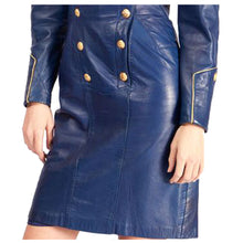 Load image into Gallery viewer, Women Trench Coat Stylish Admiral Blue Leather Coat Ladies Gothic Blue Leather Overcoat
