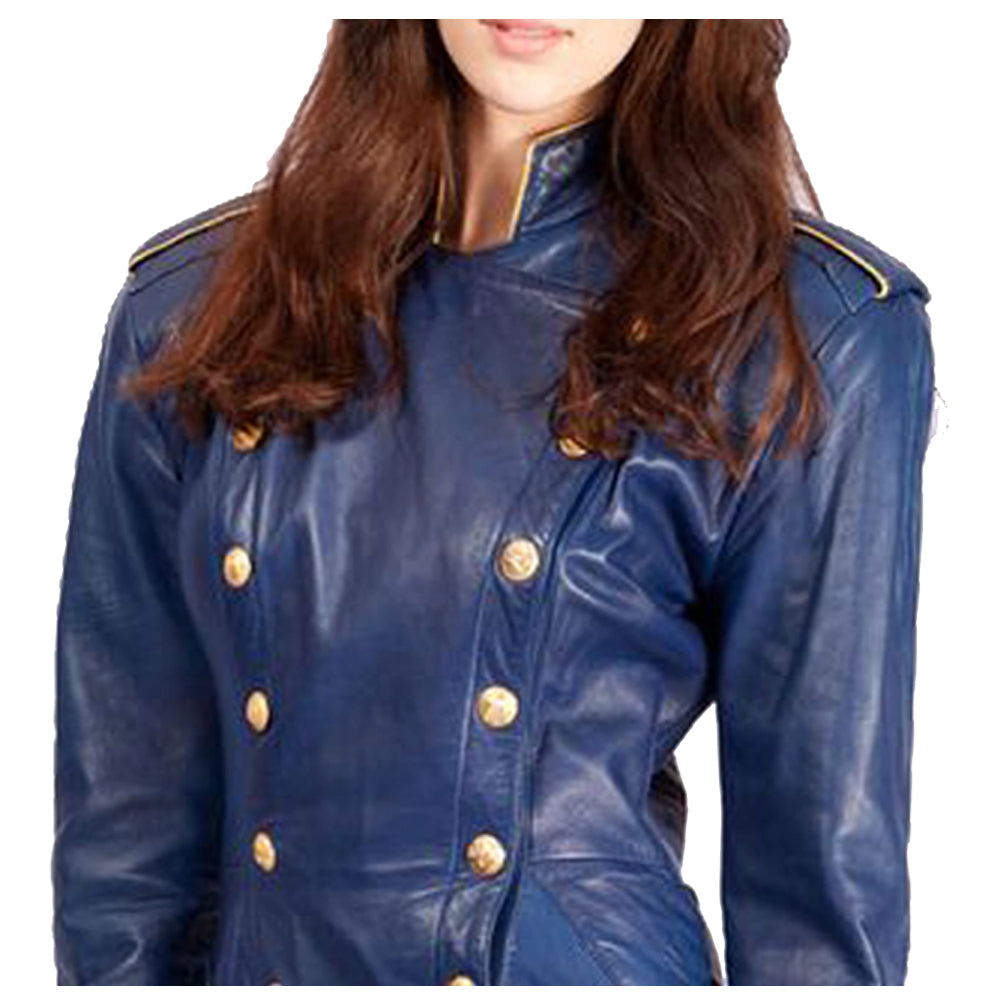 Women Trench Coat Stylish Admiral Blue Leather Coat Ladies Gothic Blue Leather Overcoat