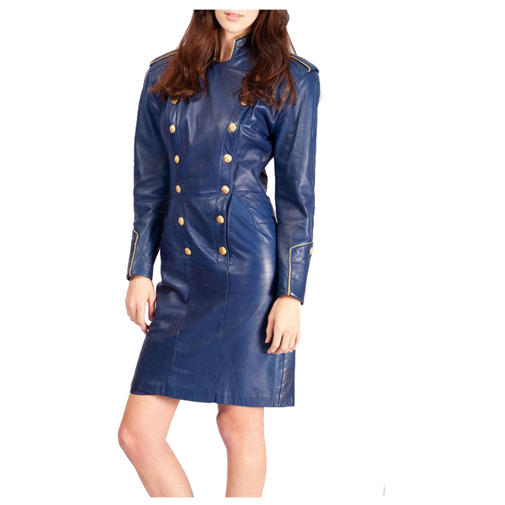 Women Trench Coat Stylish Admiral Blue Leather Coat Ladies Gothic Blue Leather Overcoat