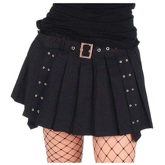 Women Gothic Rivet Pleated Black Skirt with Belt Style Edgy High Waist Skirt Featuring Studded Rivets and Classic Pleated