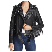 Load image into Gallery viewer, Women Punk Style Black Studded Biker Leather Jacket Gothic Brando Rock Punk Jacket
