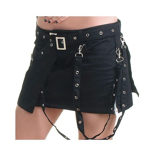 Women Gothic Black Skirt Belted Buckle Style Mini Skirt with Black and Silver Accents for a Bold Edgy Look