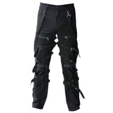 Men Gothic Black Chrome Pants Punk Buckle Style Pants Cotton Pants