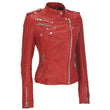 New Women Gloria Red Biker Jacket Stylish Cross Zip Genuine Leather