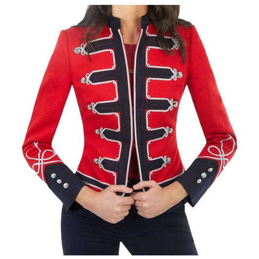 Women Gothic Red and Black Wool Military Commander Officer Hussar Jacket