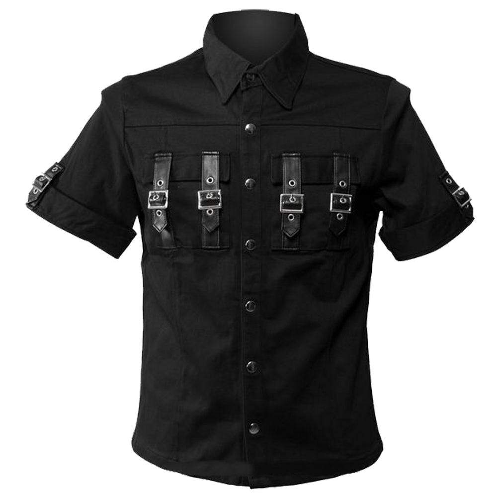 Men Gothic Shirt Black Pocket on Straps Buckle Shirt