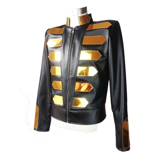 Nightclub Gold Fashion Leather Jacket DJ Singers Rock Punk Motorcycle Jacket - Alternative Gothic Dark Wear | Embrace Dark Aesthetic Men & Women Gothic Clothing
