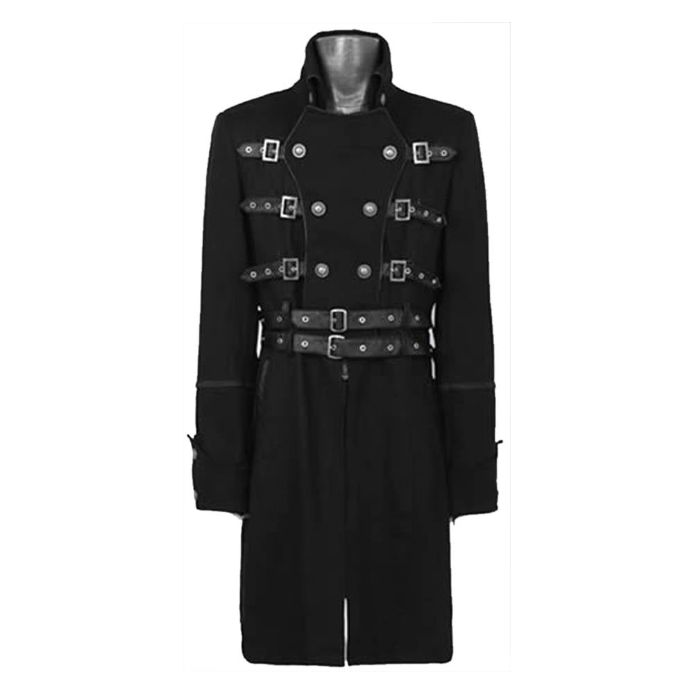 Handmade Men Gothic Coat Black Double Breasted Coat Belted Buckle Coat Trench Coat