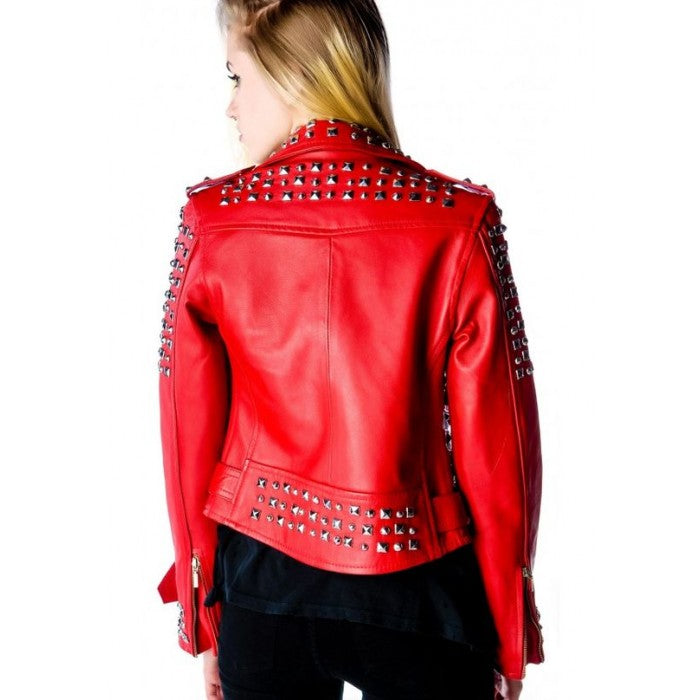 Women Red Leather Jacket Silver Studded Genuine Leather Jacket with Bold Stylish Design - Alternative Gothic Dark Wear | Embrace Dark Aesthetic Men & Women Gothic Clothing