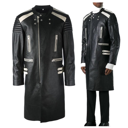 Handmade Men Genuine Leather Biker Coat Cowboy Long Coat Runway Look Coat