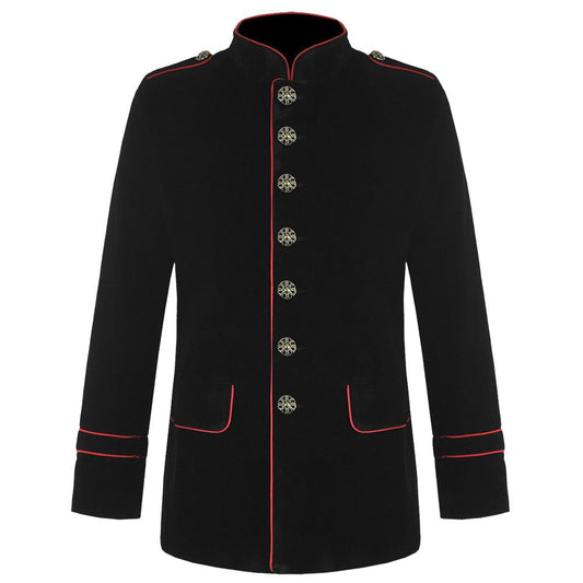 Handmade Men Military Jacket Black Cotton Red Goth Steampunk Army Officer Pea Coat