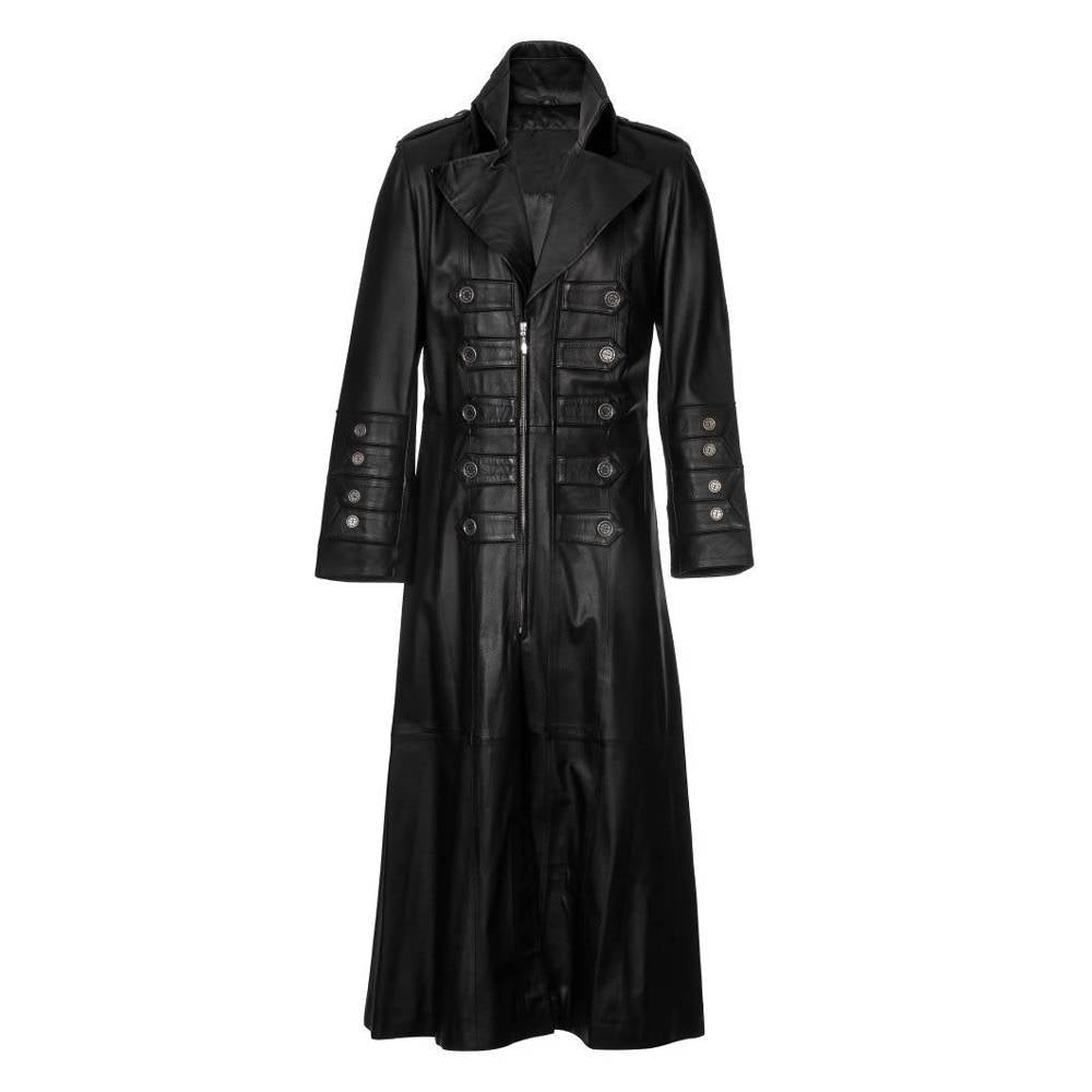 Handmade Men Gothic Coat Military Steampunk Imitation Leather Coat Outfit Trench Coat